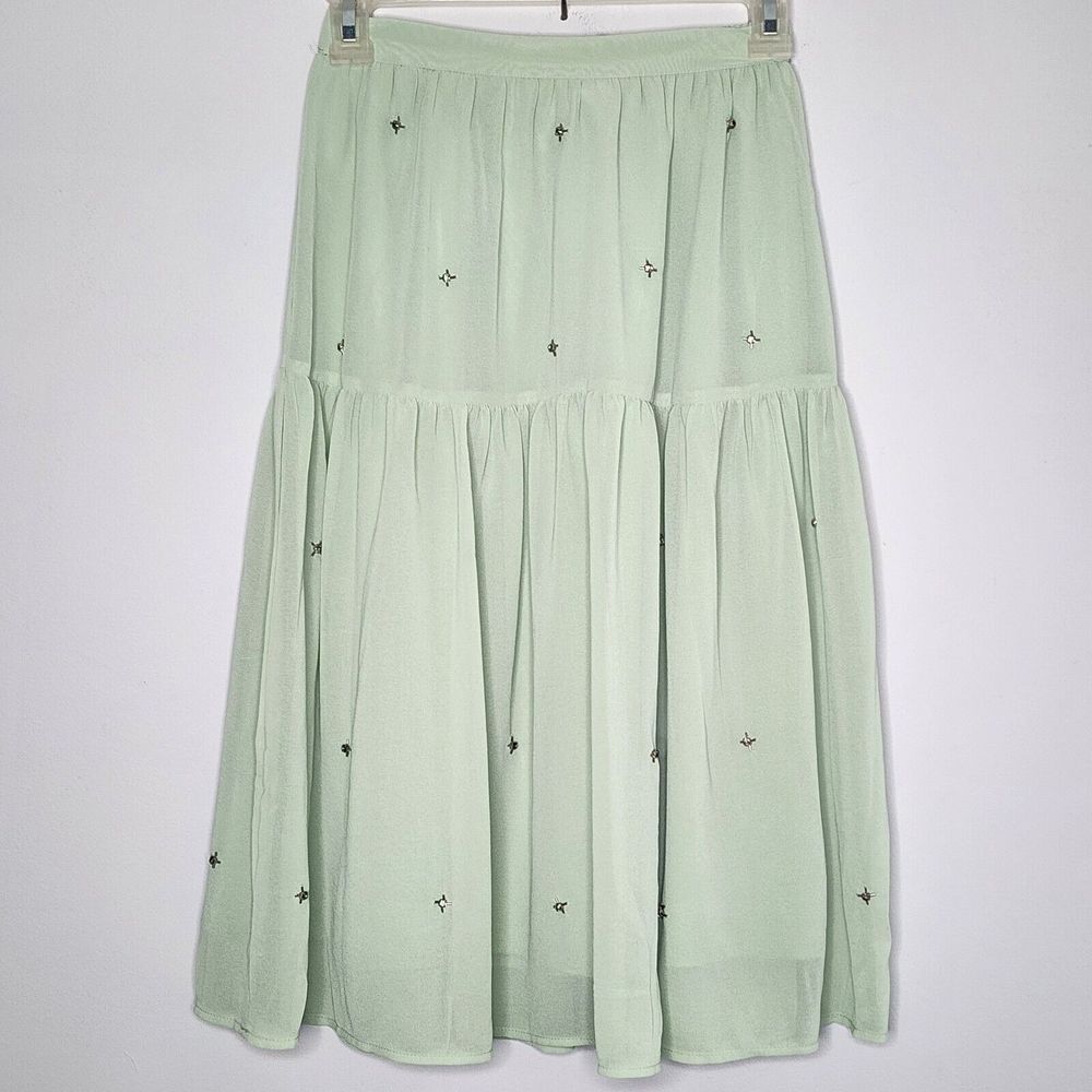 ZARA NEW WOMAN HIGH-WAIST MIDI Green SKIRT WITH STUDS Size 11-12